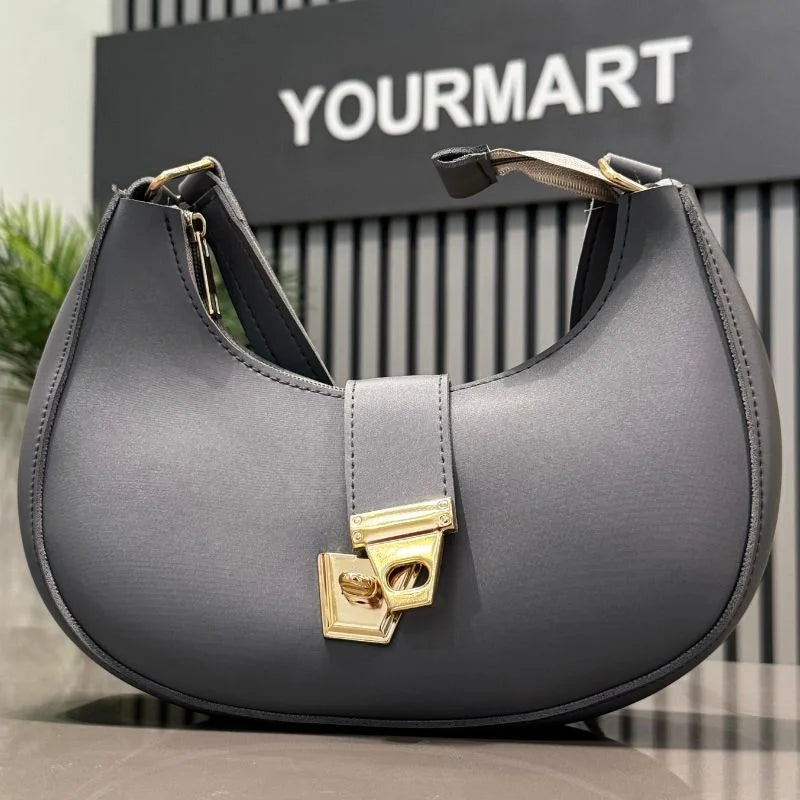 Crescent Luxury Faux Leather Shoulder Bag | Dark Gray Elegant Handbag for Women