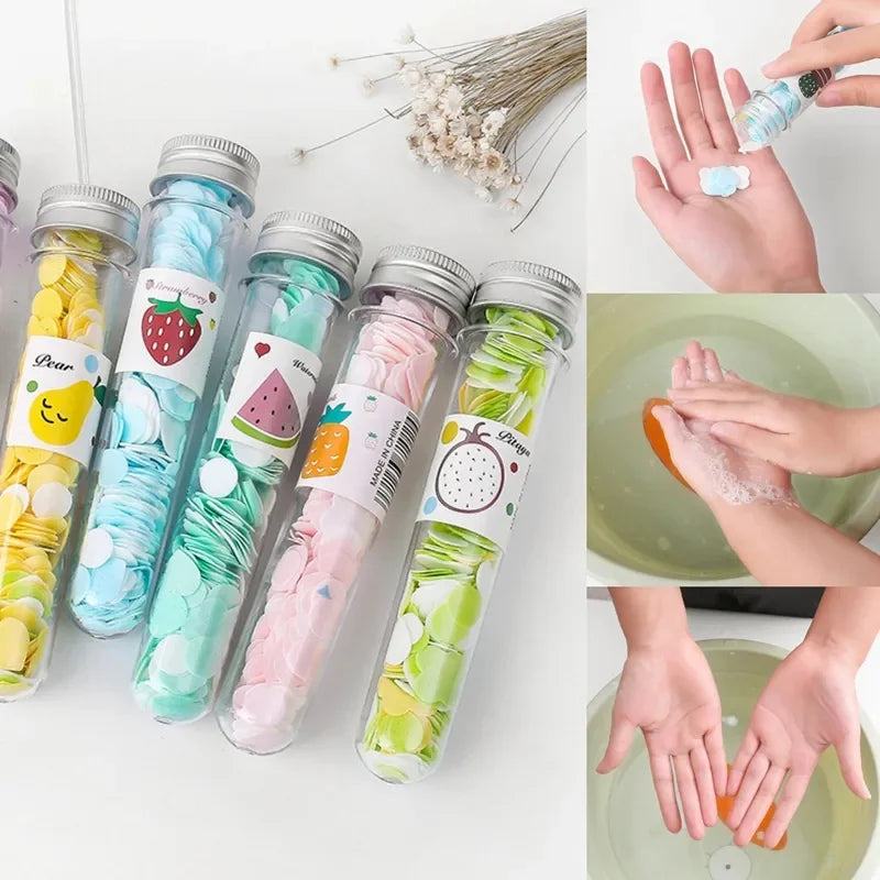 Portable Disposable Soap Paper Flakes in Flower Tube Bottle | Travel-Friendly Handwashing Sheets for Outdoor & Daily Use