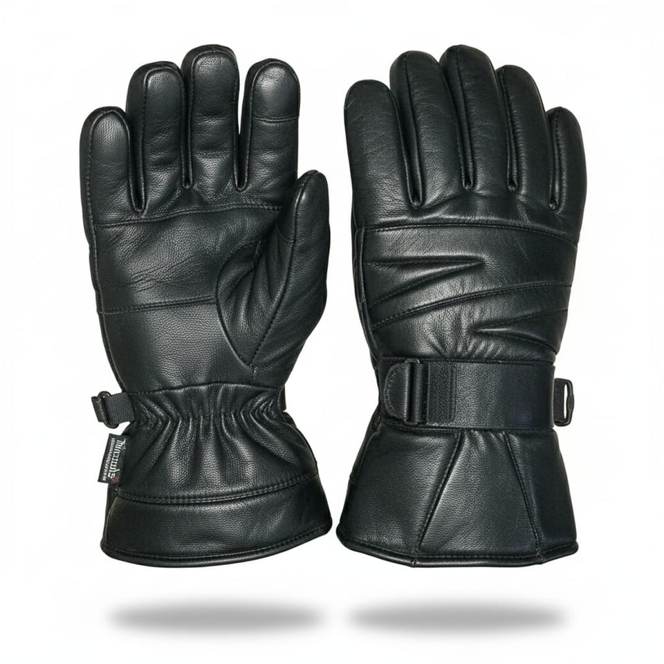 Men’s Genuine Sheep Leather Winter Gloves – Black Motorcycle Riding Gloves with Warm Lining