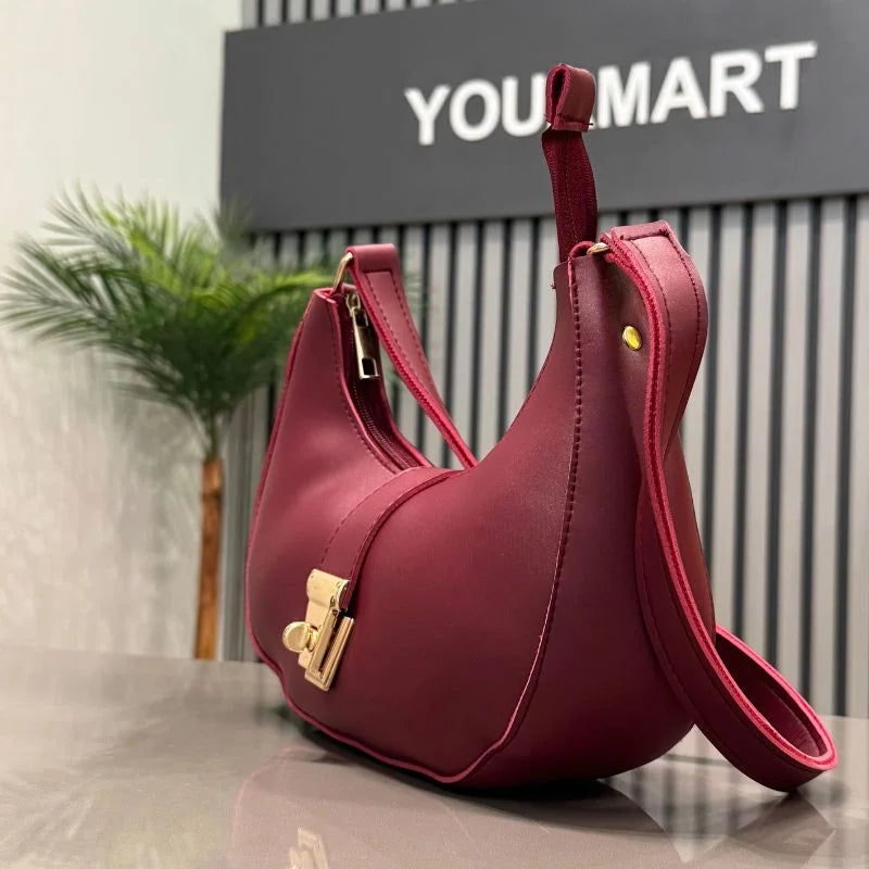Crescent Luxury Faux Leather Shoulder Bag | Maroon Elegant Handbag for Women
