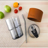 Bamboo Joint Glass Cup with Lid & Straw | 13oz Can-Shaped Tumbler with Leather Sleeve