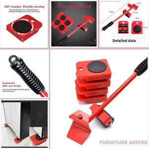 Furniture Lifter Easy to Move Slider 5 Piece Mobile Tool Set, Heavy Furniture Appliance Moving and Lifting System - Maximum Load Weight 4 Wheeled Mover Roller 1 Wheel Bar Hand Tools Set