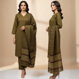Winter Sussi Silk 3-Piece Suit for Women | Unstitched Plain Shirt & Trouser | Heavy Winter Sussi Shawl |  Olive Green