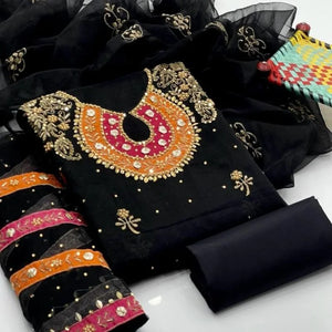 Organza 3-Piece Suit for Women | Unstitched  Handmade Aari Zari & Beads Work