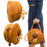 Round Retro Crossbody Handbag | Caramel Faux Leather with Artistic Print for Women