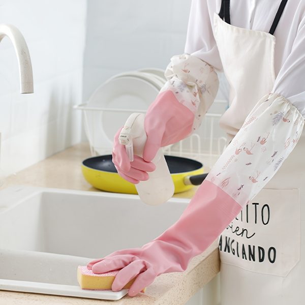 Long Reusable Dishwashing Gloves With Warm Fleece Lining – Extra Long Waterproof Rubber Cleaning Gloves, Anti-slip, Heat Resistant For Kitchen, Laundry, And Household Use (random Color)