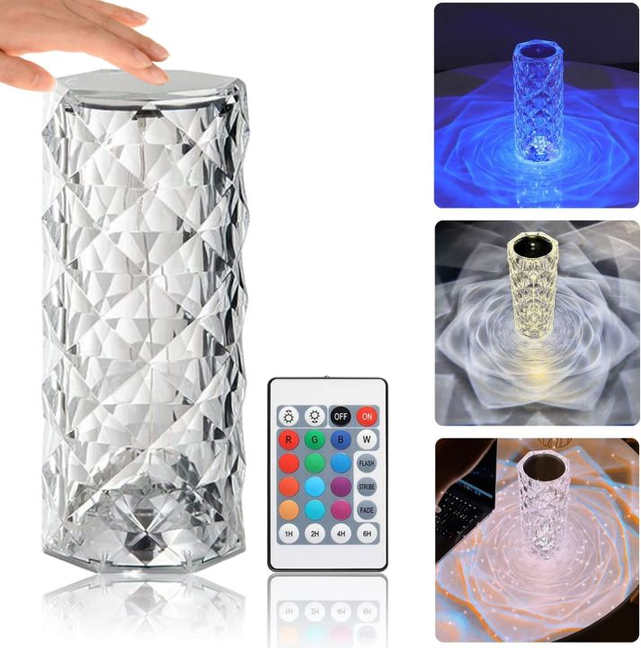 Crystal Rose Diamond LED Table Lamp - 16 Color RGB Touch Sensor Night Light with Remote Control