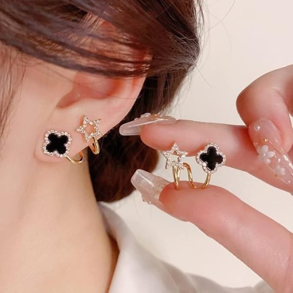 Sparkling Clover Star Earrings – Gold Plated Fashion Jewelry With Black Enamel & Crystal Detailing