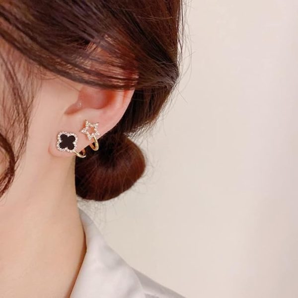 Sparkling Clover Star Earrings – Gold Plated Fashion Jewelry With Black Enamel & Crystal Detailing