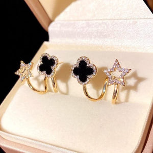 Sparkling Clover Star Earrings – Gold Plated Fashion Jewelry With Black Enamel & Crystal Detailing