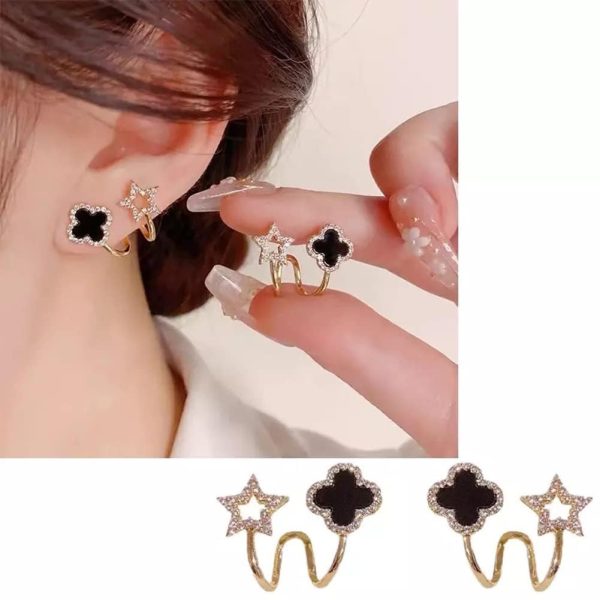 Sparkling Clover Star Earrings – Gold Plated Fashion Jewelry With Black Enamel & Crystal Detailing