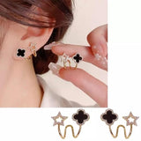Sparkling Clover Star Earrings – Gold Plated Fashion Jewelry With Black Enamel & Crystal Detailing