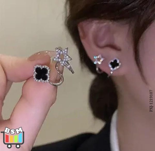 Sparkling Clover Star Earrings – Gold Plated Fashion Jewelry With Black Enamel & Crystal Detailing